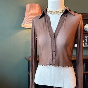 Brown Sheer Button-Up collared crop top